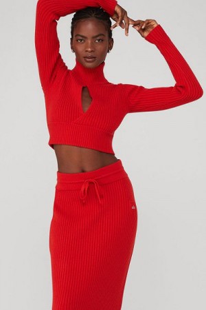 Camiseta Alo Yoga Cashmere Com Nervuras Inverno Dream Cropped Turtleneck Feminino Vermelhas | 6873-VIBZS