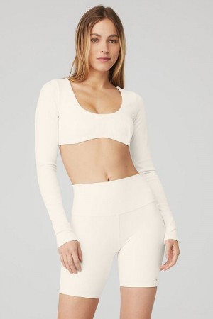 Camiseta Alo Yoga Com Nervuras Defined Long Sleeve Bra Feminino Branco | 0481-POCHN