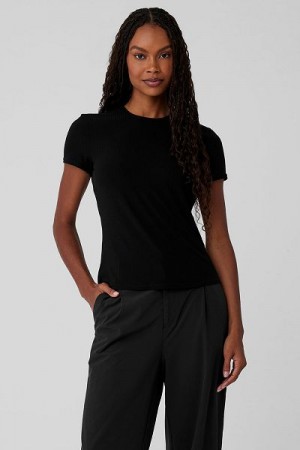 Camiseta Alo Yoga Com Nervuras Sea Coast Feminino Pretas | 0385-TDKRO