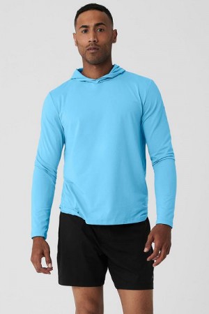 Camiseta Alo Yoga Conquer Reform Long Sleeve With Hood Masculino Azuis | 8401-APIHE