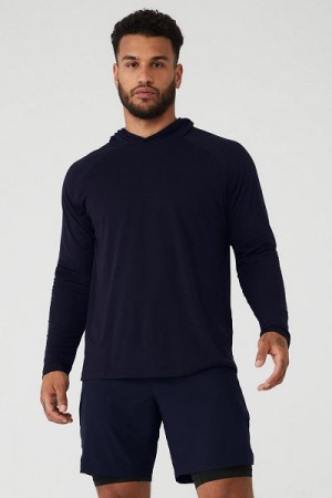 Camiseta Alo Yoga Core Encapuzado Runner Masculino Azul Marinho | 3962-DBAOG