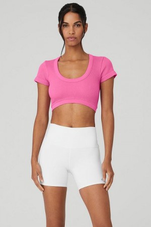 Camiseta Alo Yoga Seamless Com Nervuras Cropped Serene Curta Sleeve Feminino Rosa | 0632-QRMZA