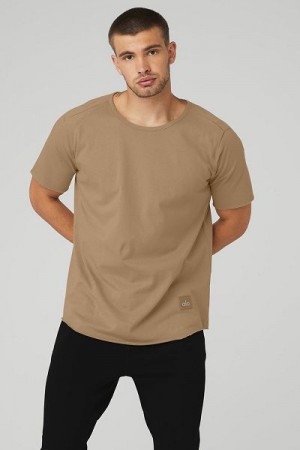 Camiseta Alo Yoga Society Crewneck Masculino Caqui | 2637-BZOXA