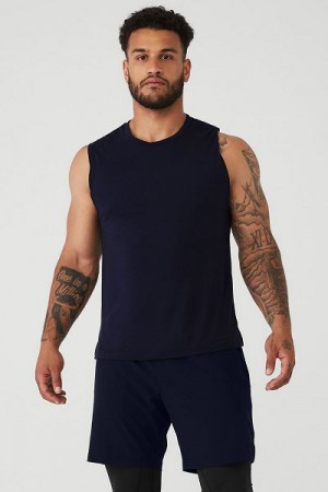 Camisetas Regata Alo Yoga The Triumph Muscle Masculino Azul Marinho | 4967-WVFXI