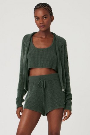 Moletom com Capuz Alo Yoga Cashmere Plush Waffle Full Zip Feminino Verdes Escuro | 4015-UJBEA