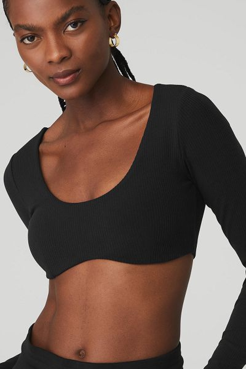 Camiseta Alo Yoga Com Nervuras Defined Long Sleeve Bra Feminino Pretas | 9871-NOXBZ