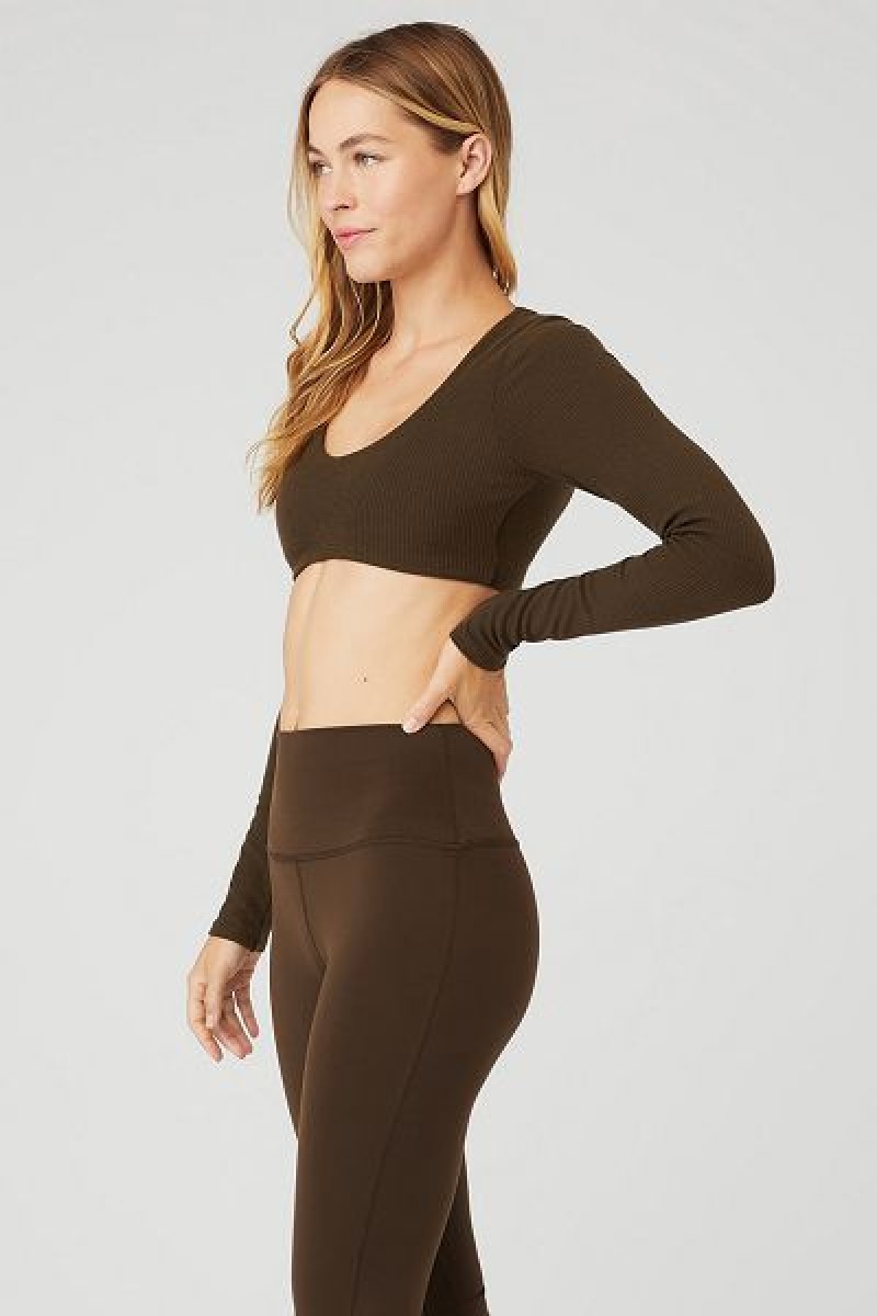 Camiseta Alo Yoga Com Nervuras Defined Long Sleeve Bra Feminino Marrom | 3254-AIGBV