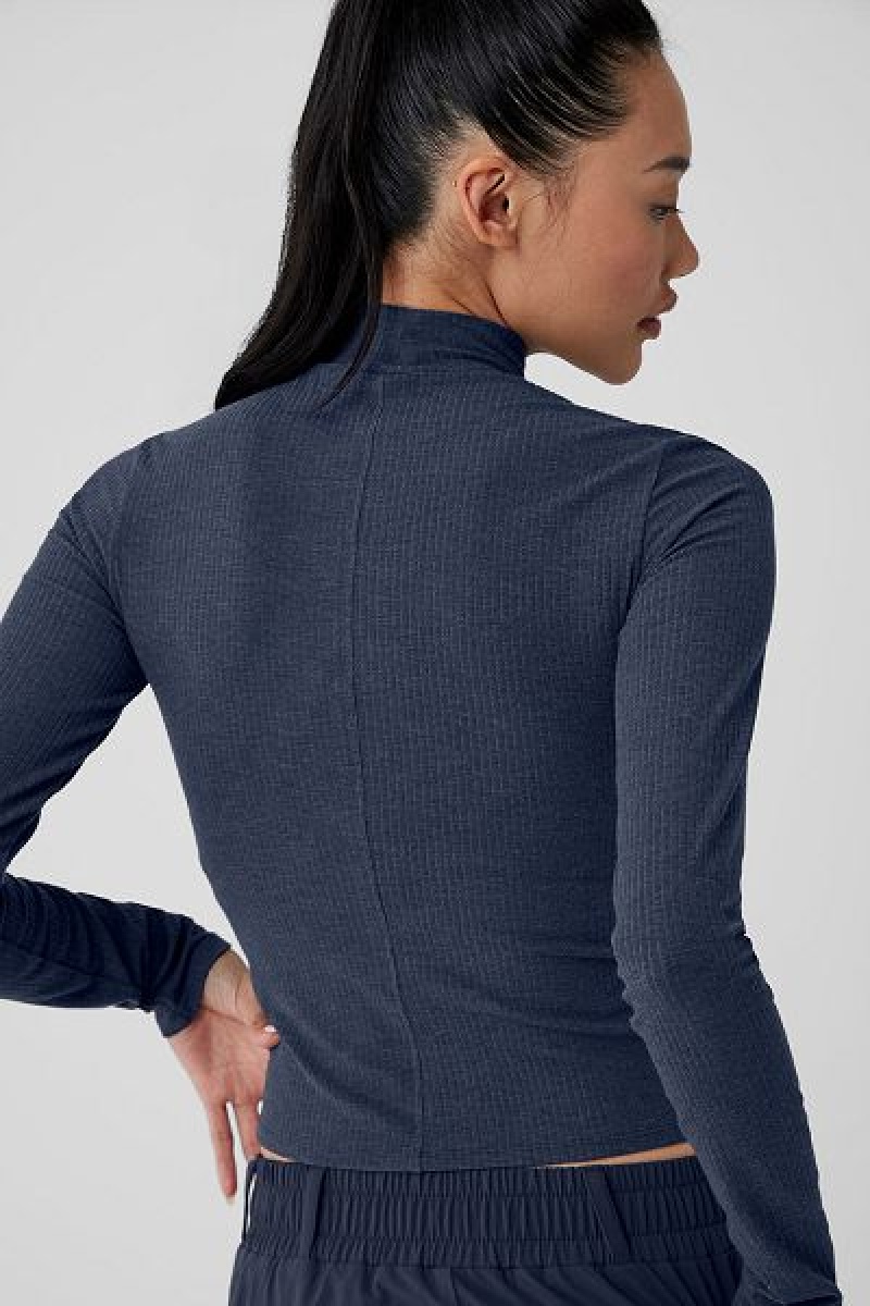 Camiseta Alo Yoga Com Nervuras Sea Coast Mockneck Long Sleeve Feminino Azul Marinho | 9845-UISRB