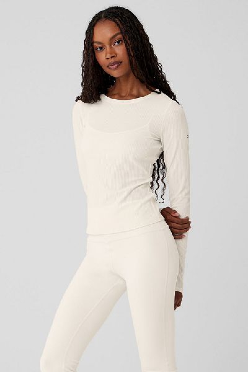 Camiseta Alo Yoga Com Nervuras Sea Coast Long Sleeve Feminino Branco | 2740-QTMEU