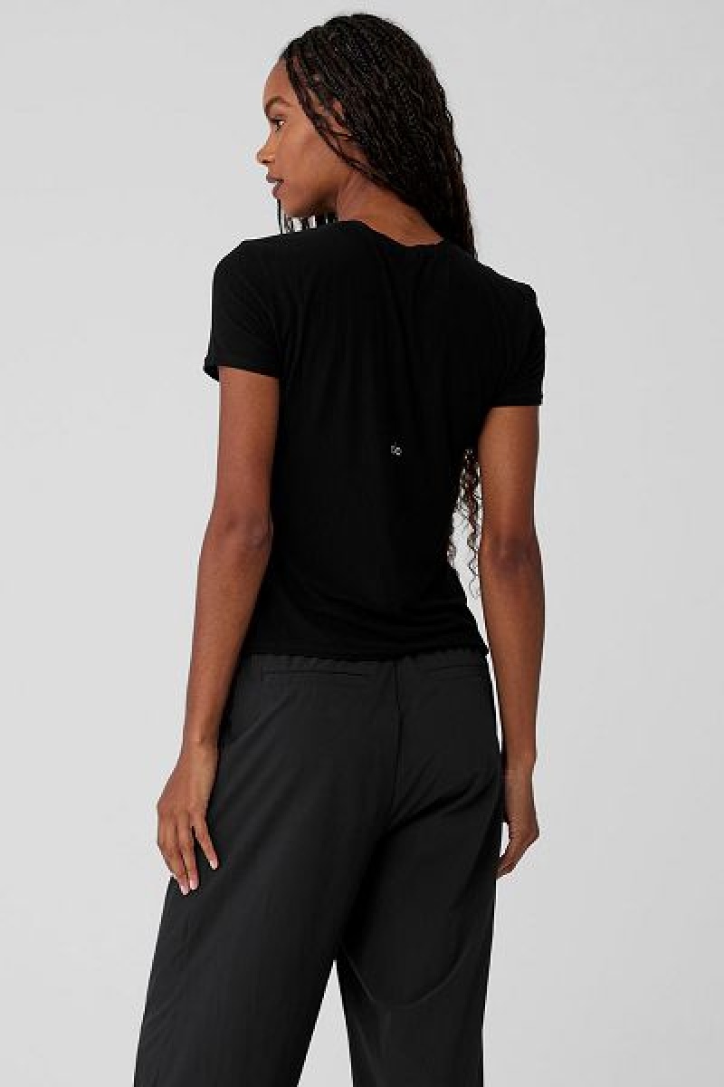 Camiseta Alo Yoga Com Nervuras Sea Coast Feminino Pretas | 0385-TDKRO