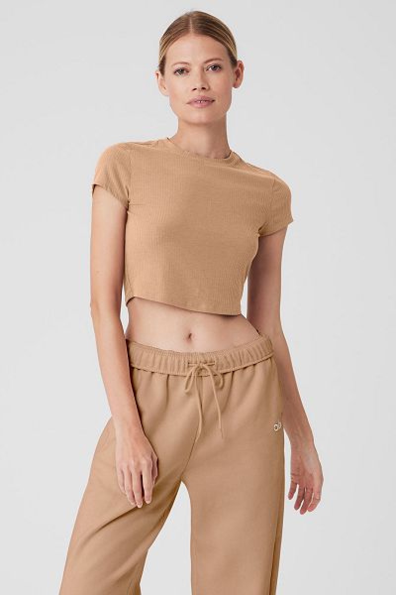 Camiseta Alo Yoga Com Nervuras Sea Coast Cropped Curta Sleeve Feminino Caqui | 8249-LRXAQ