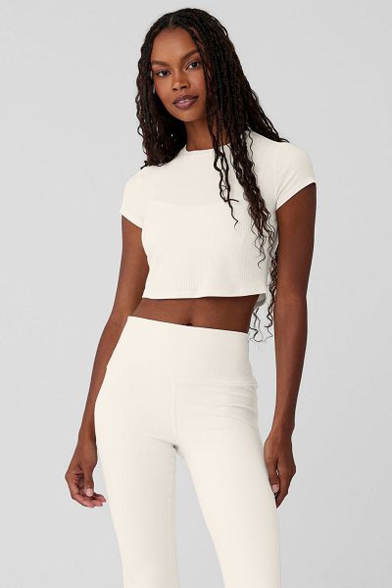 Camiseta Alo Yoga Com Nervuras Sea Coast Cropped Curta Sleeve Feminino Branco | 2734-LXTDC