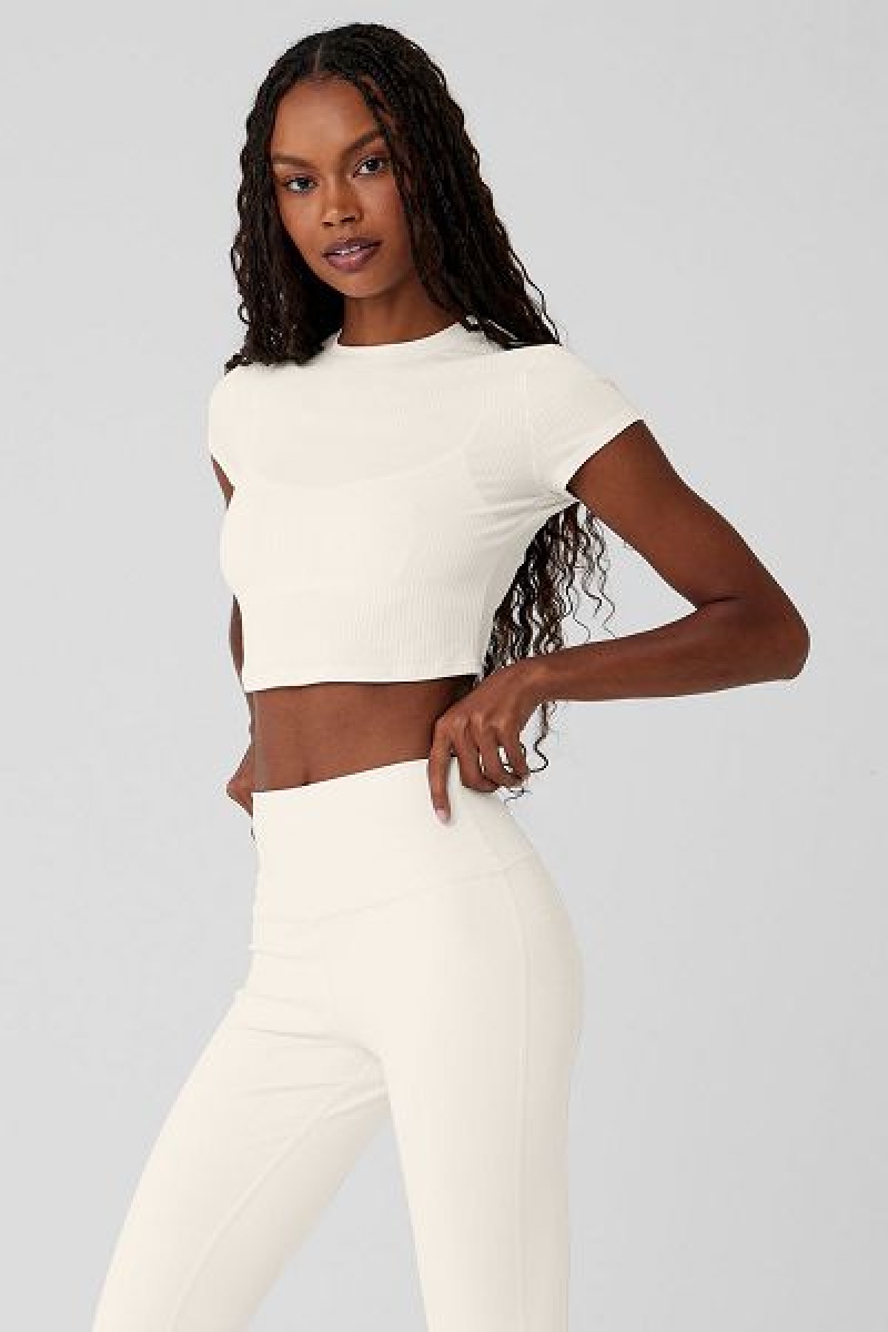 Camiseta Alo Yoga Com Nervuras Sea Coast Cropped Curta Sleeve Feminino Branco | 2734-LXTDC