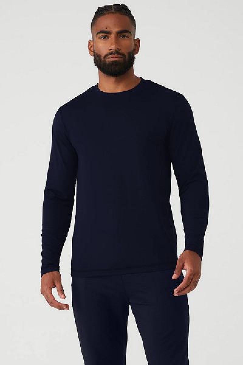 Camiseta Alo Yoga Conquer Reform Crewneck Long Sleeve Masculino Azul Marinho | 1845-FIAVQ