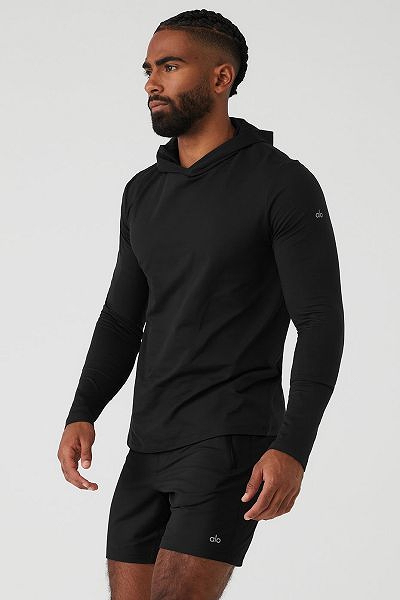 Camiseta Alo Yoga Conquer Reform Long Sleeve With Hood Masculino Pretas | 7932-ZIWOJ