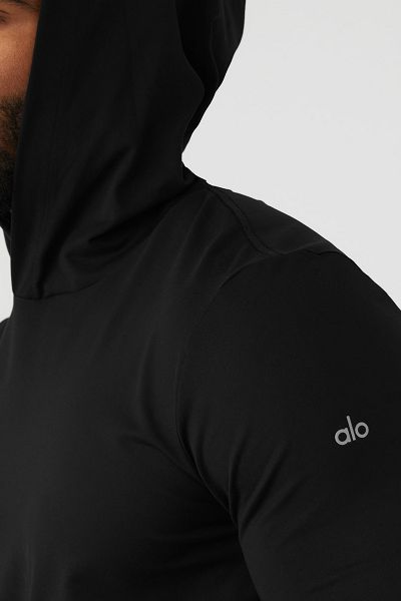 Camiseta Alo Yoga Conquer Reform Long Sleeve With Hood Masculino Pretas | 7932-ZIWOJ