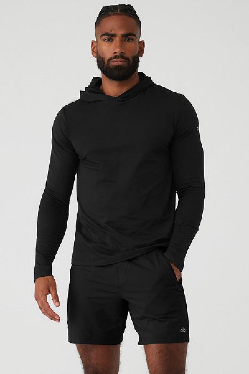 Camiseta Alo Yoga Conquer Reform Long Sleeve With Hood Masculino Pretas | 7932-ZIWOJ