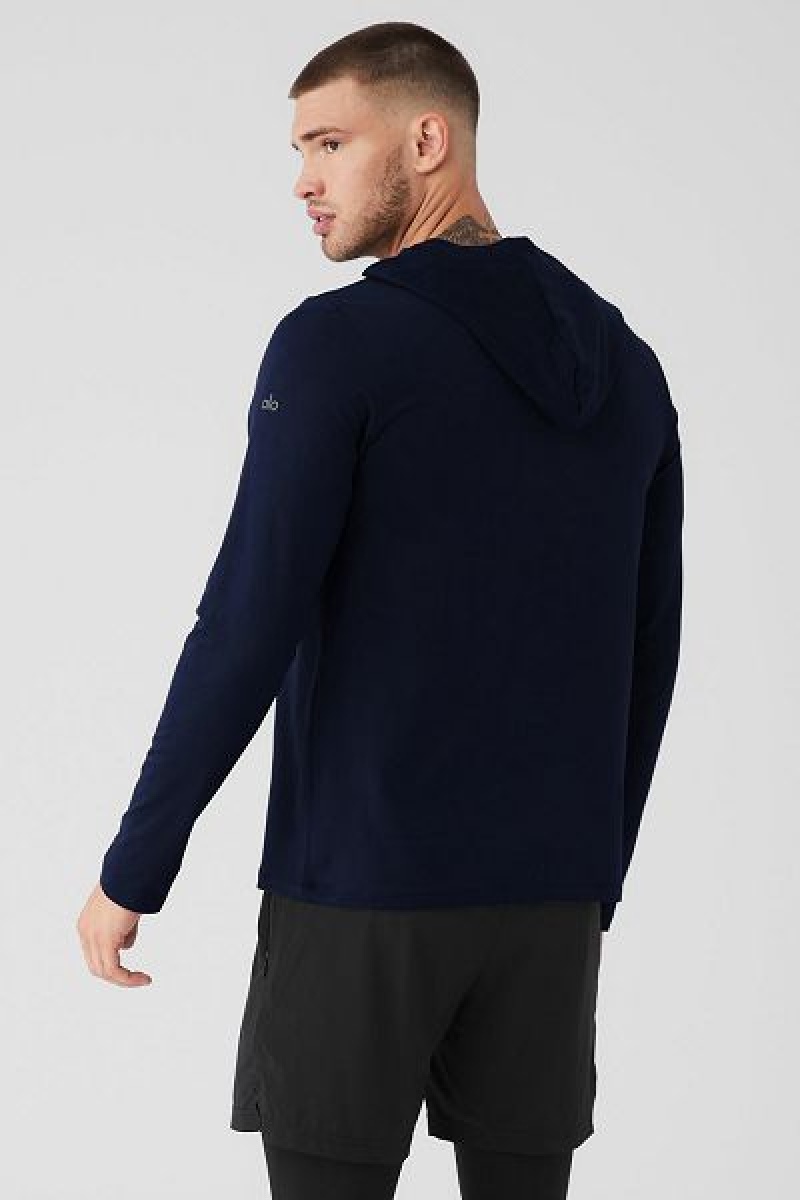 Camiseta Alo Yoga Conquer Reform Long Sleeve With Hood Masculino Azul Marinho | 9304-MEITH