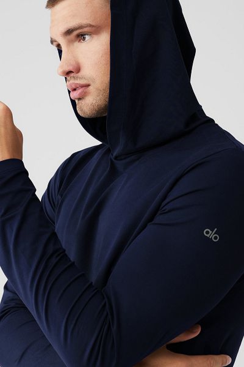 Camiseta Alo Yoga Conquer Reform Long Sleeve With Hood Masculino Azul Marinho | 9304-MEITH