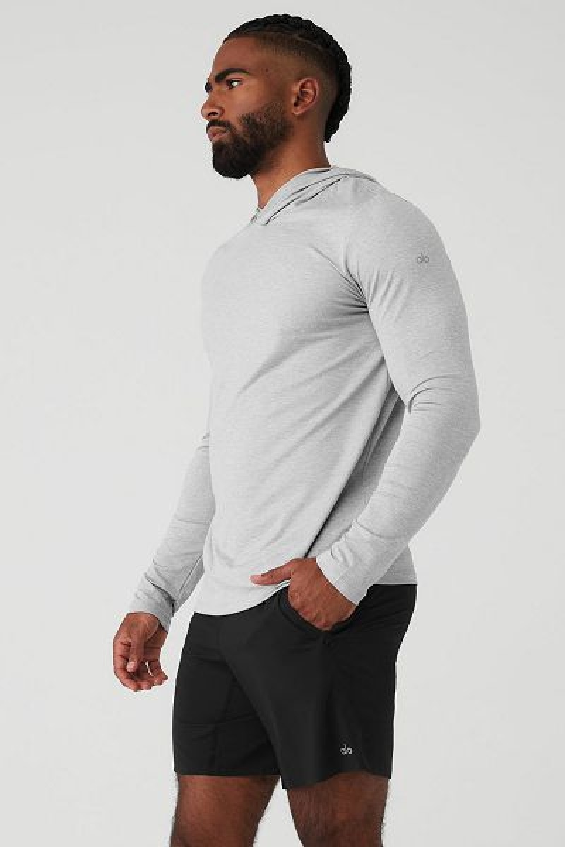 Camiseta Alo Yoga Conquer Reform Long Sleeve With Hood Masculino Cinzentas | 9610-RSJVG