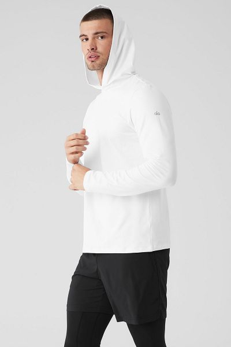 Camiseta Alo Yoga Conquer Reform Long Sleeve With Hood Masculino Branco | 6801-LGDNE