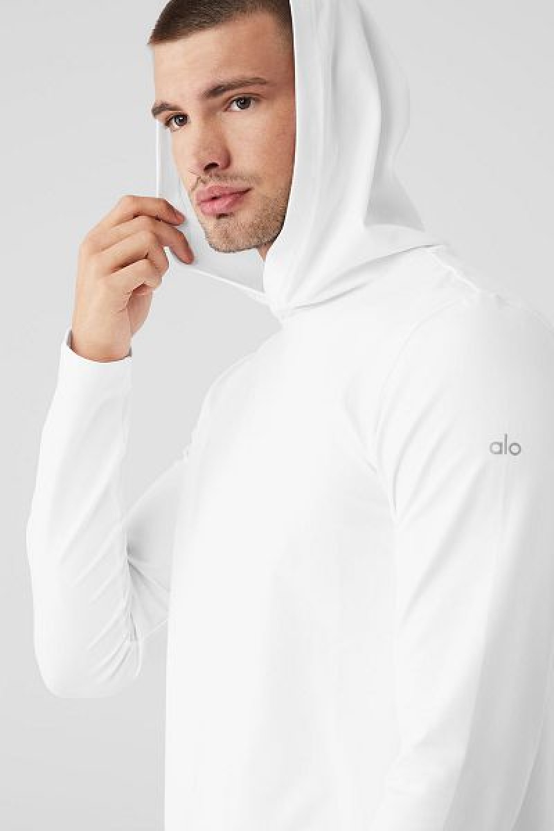 Camiseta Alo Yoga Conquer Reform Long Sleeve With Hood Masculino Branco | 6801-LGDNE