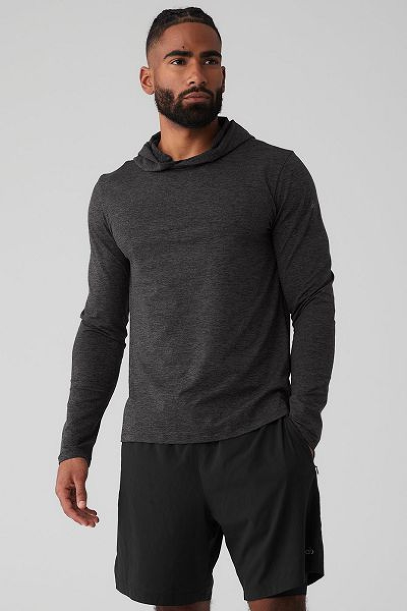 Camiseta Alo Yoga Conquer Reform Long Sleeve With Hood Masculino Cinzentas Escuro | 8720-IGOKJ