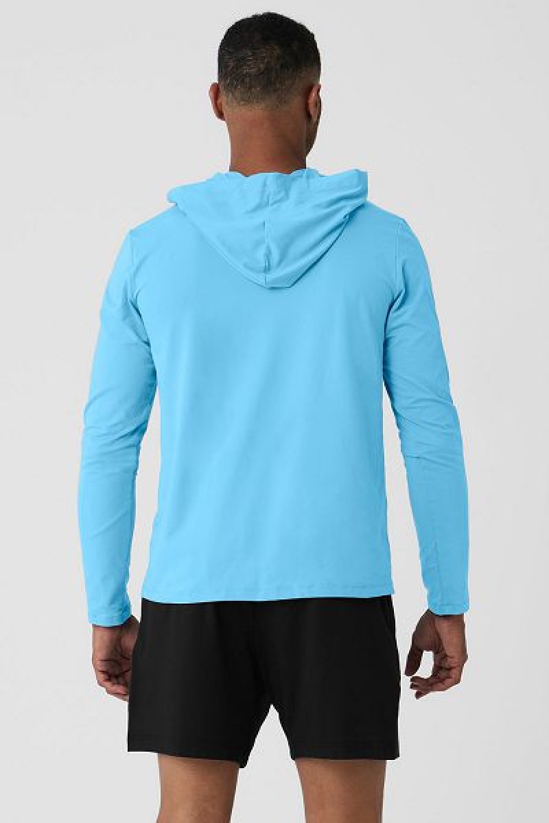 Camiseta Alo Yoga Conquer Reform Long Sleeve With Hood Masculino Azuis | 8401-APIHE