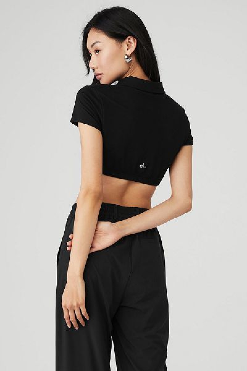 Camiseta Alo Yoga Cropped Prestige Polo Feminino Pretas | 0854-VRCPG