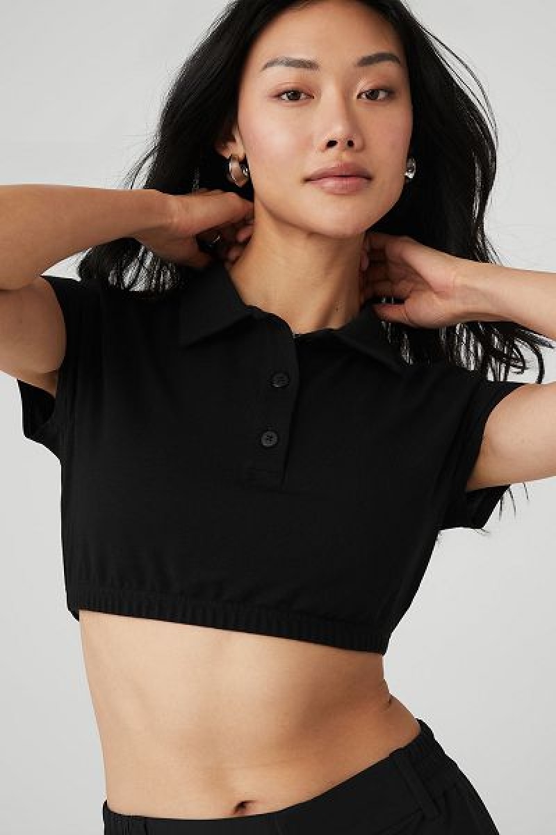 Camiseta Alo Yoga Cropped Prestige Polo Feminino Pretas | 0854-VRCPG