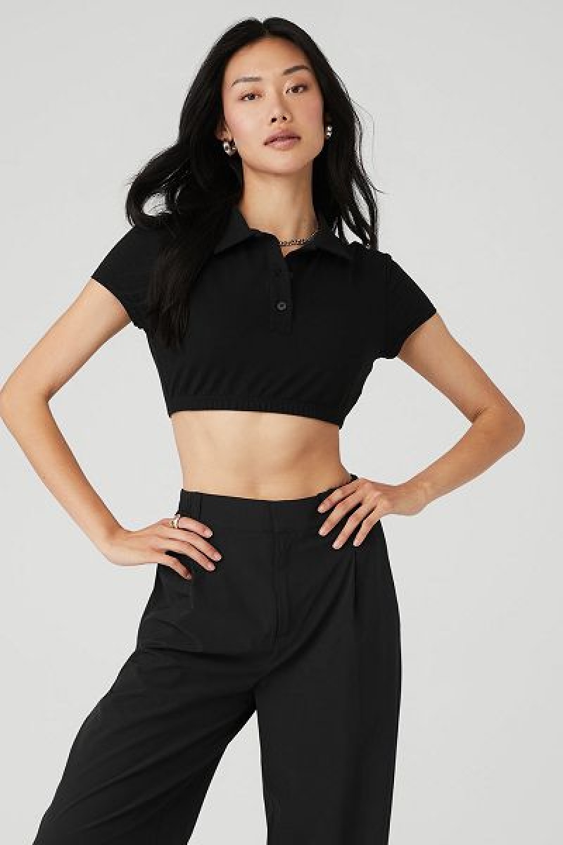 Camiseta Alo Yoga Cropped Prestige Polo Feminino Pretas | 0854-VRCPG