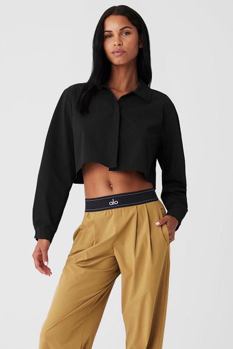 Camiseta Alo Yoga Cropped Take Me Out Button Up Feminino Pretas | 6524-WBLGX