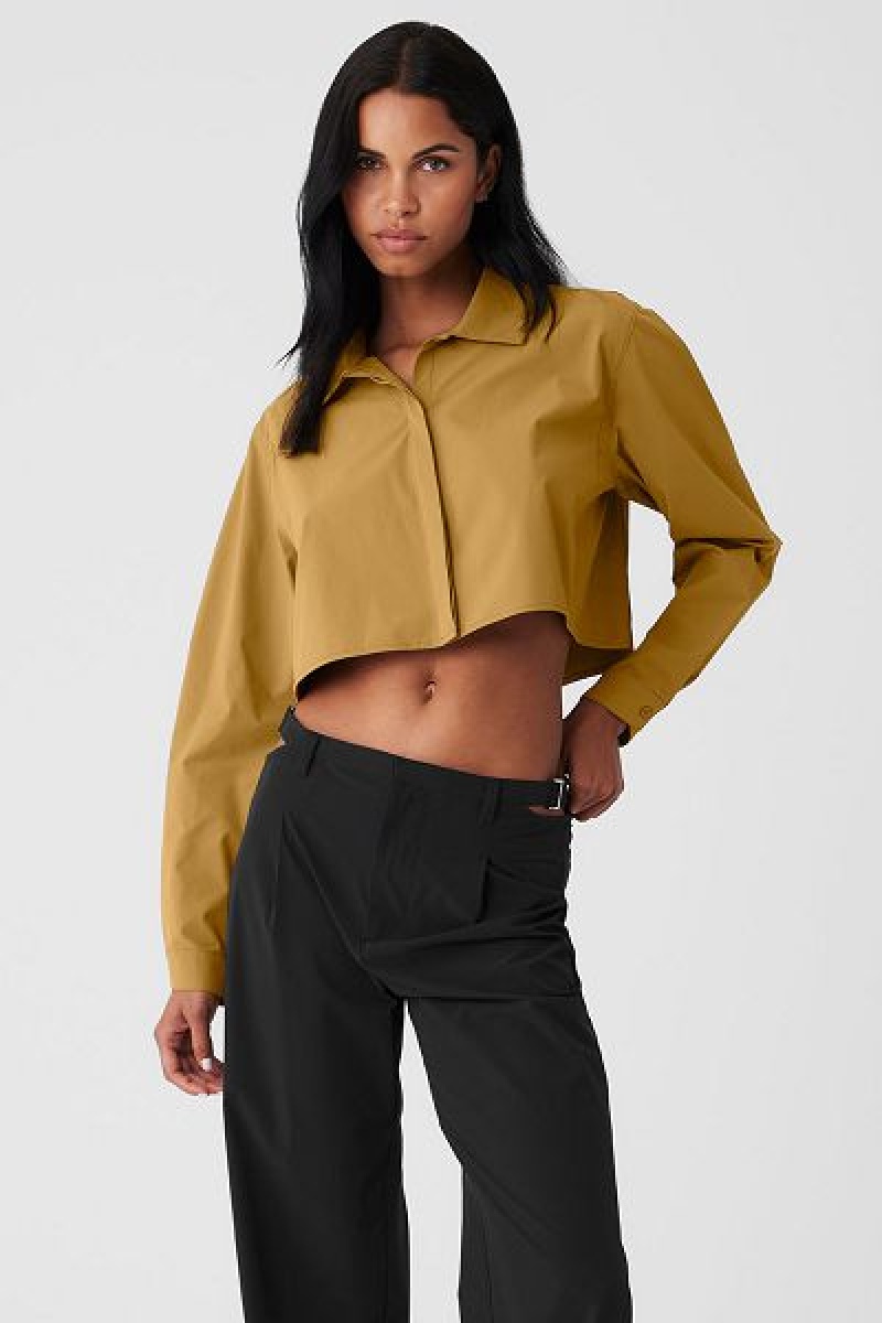 Camiseta Alo Yoga Cropped Take Me Out Button Up Feminino Verde Oliva | 2137-PMAXR