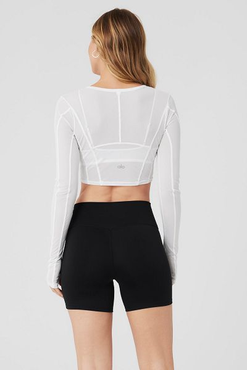 Camiseta Alo Yoga Mesh Cropped Fine Line Long Sleeve Feminino Branco | 1874-IVWEH