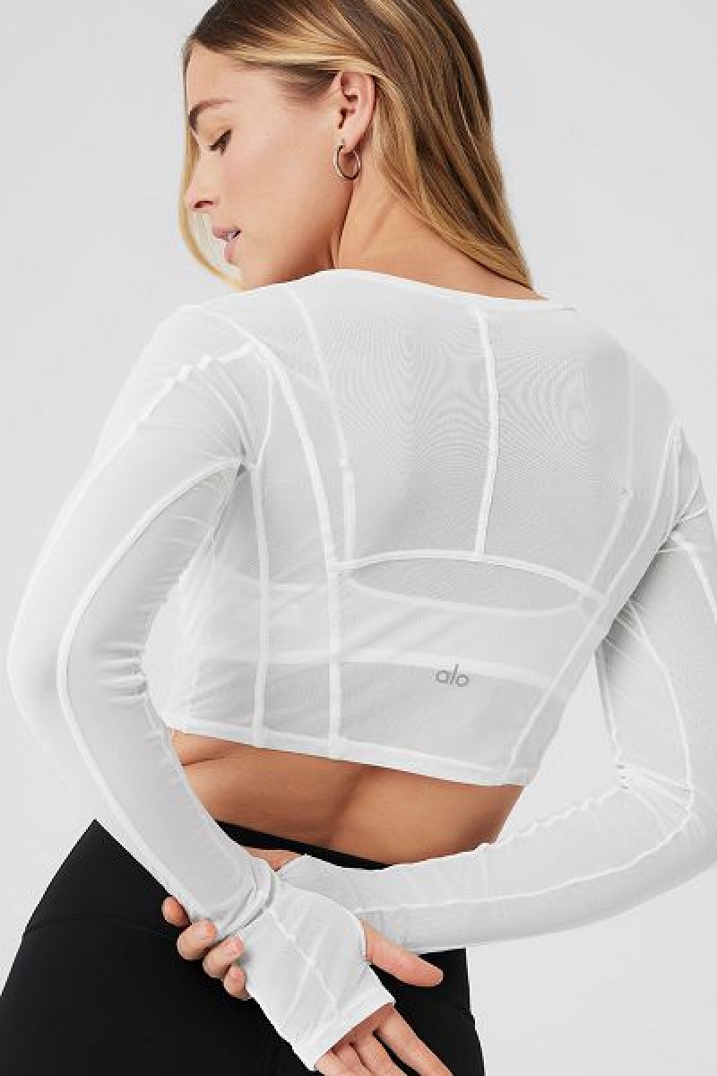 Camiseta Alo Yoga Mesh Cropped Fine Line Long Sleeve Feminino Branco | 1874-IVWEH