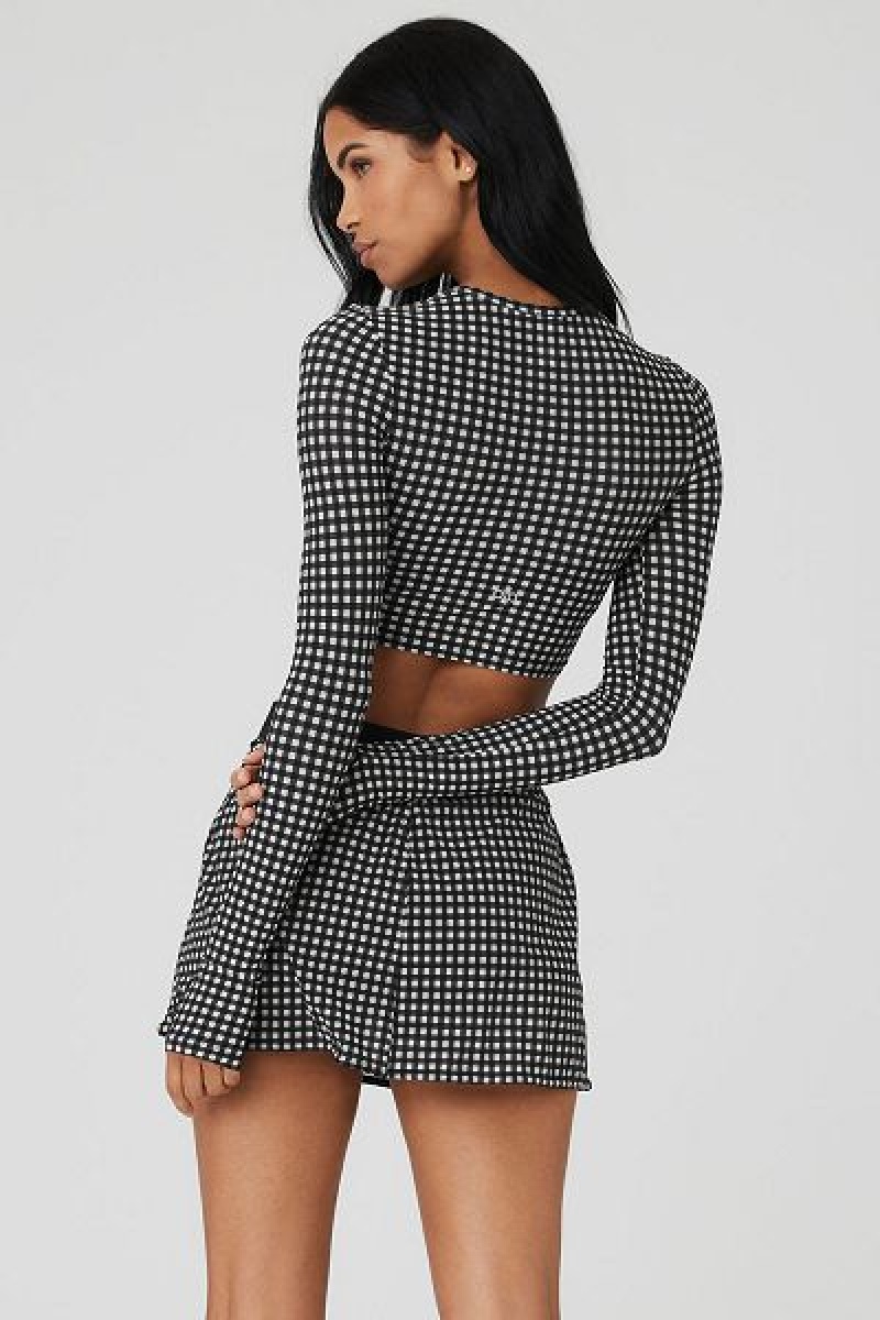 Camiseta Alo Yoga Mesh Gingham Cropped Long Sleeve Feminino Pretas | 1438-OBPHZ