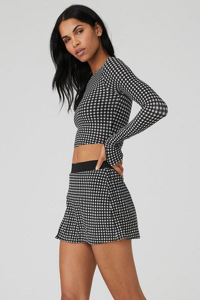 Camiseta Alo Yoga Mesh Gingham Cropped Long Sleeve Feminino Pretas | 1438-OBPHZ