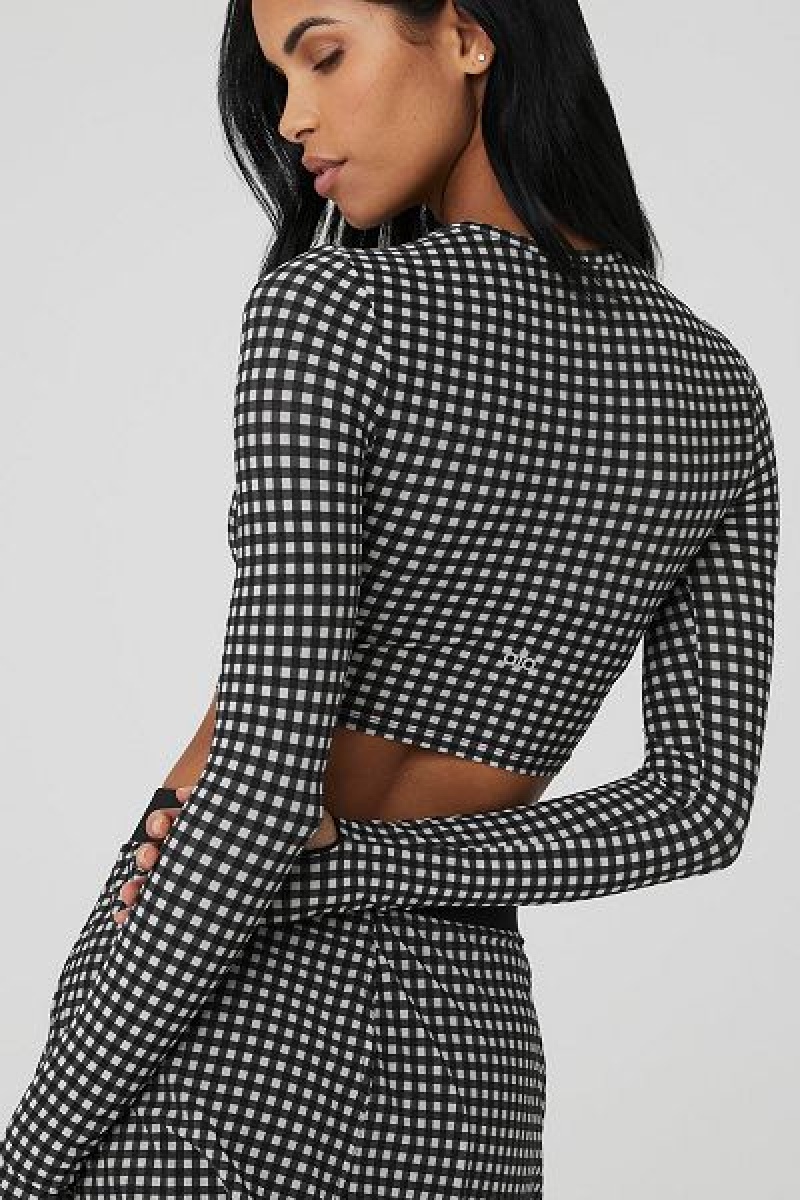 Camiseta Alo Yoga Mesh Gingham Cropped Long Sleeve Feminino Pretas | 1438-OBPHZ