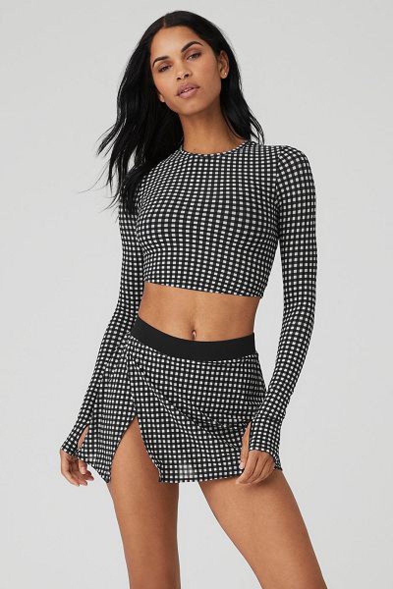 Camiseta Alo Yoga Mesh Gingham Cropped Long Sleeve Feminino Pretas | 1438-OBPHZ