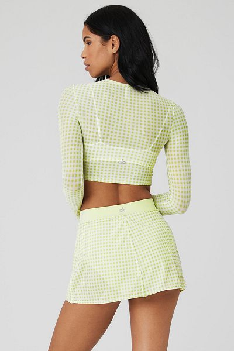 Camiseta Alo Yoga Mesh Gingham Cropped Long Sleeve Feminino Verdes | 2639-RQPZF