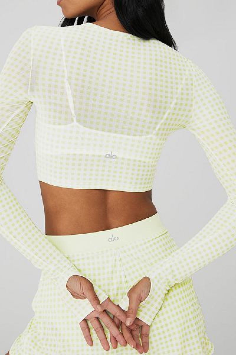 Camiseta Alo Yoga Mesh Gingham Cropped Long Sleeve Feminino Verdes | 2639-RQPZF