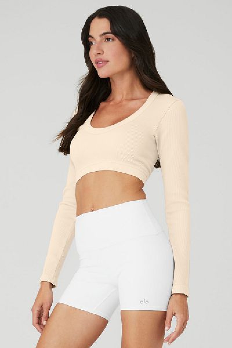 Camiseta Alo Yoga Seamless Com Nervuras Cropped Serene Long Sleeve Feminino Bege | 2169-ZNCSK