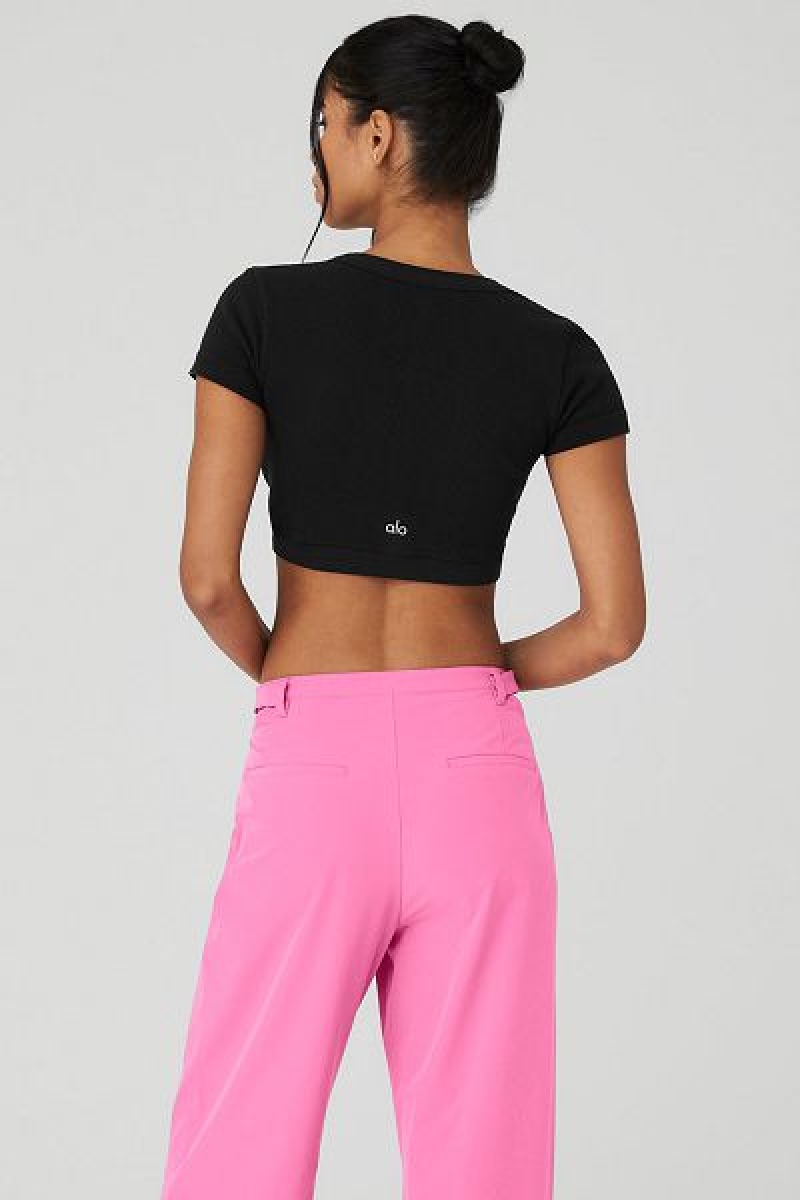 Camiseta Alo Yoga Seamless Com Nervuras Cropped Serene Curta Sleeve Feminino Pretas | 0679-QCMHO