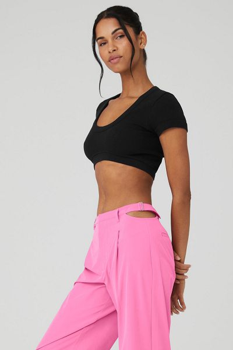 Camiseta Alo Yoga Seamless Com Nervuras Cropped Serene Curta Sleeve Feminino Pretas | 0679-QCMHO