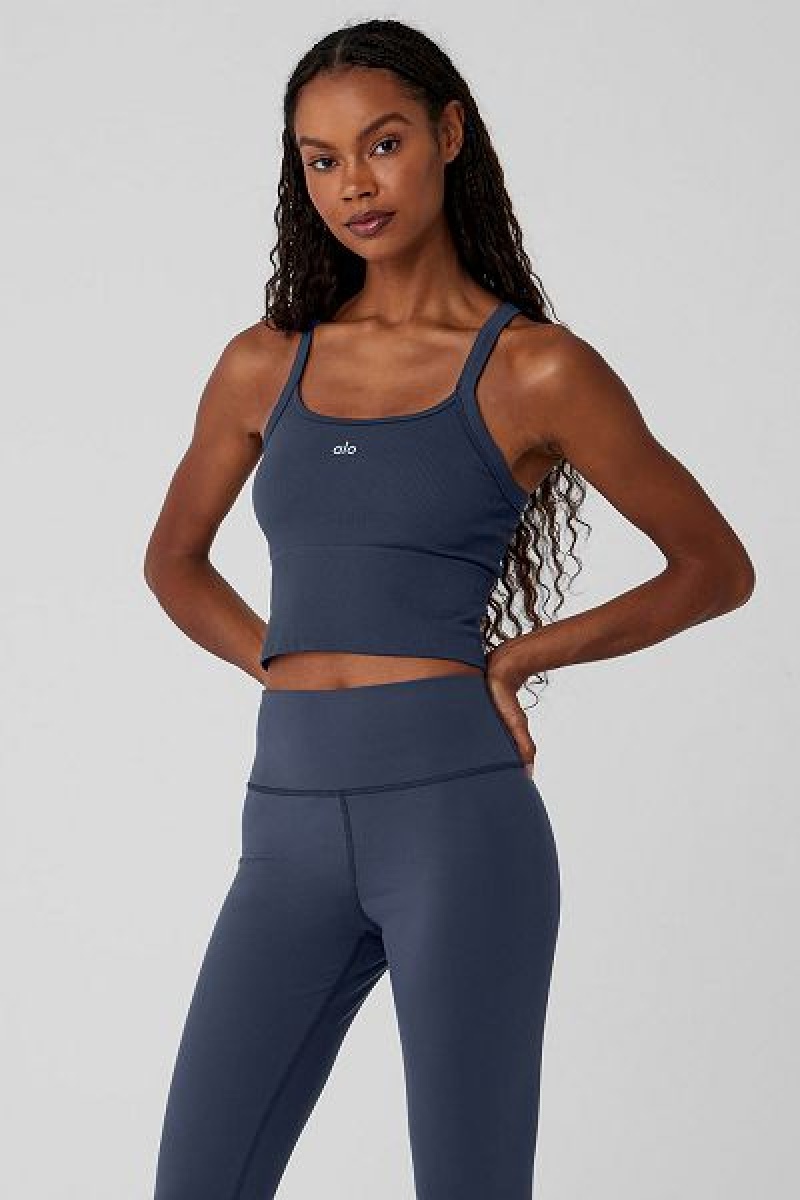 Camisetas Regata Alo Yoga Seamless Com Nervuras Favorite Bra Feminino Azul Marinho | 7952-YSFWC