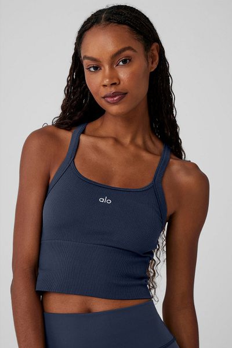 Camisetas Regata Alo Yoga Seamless Com Nervuras Favorite Bra Feminino Azul Marinho | 7952-YSFWC