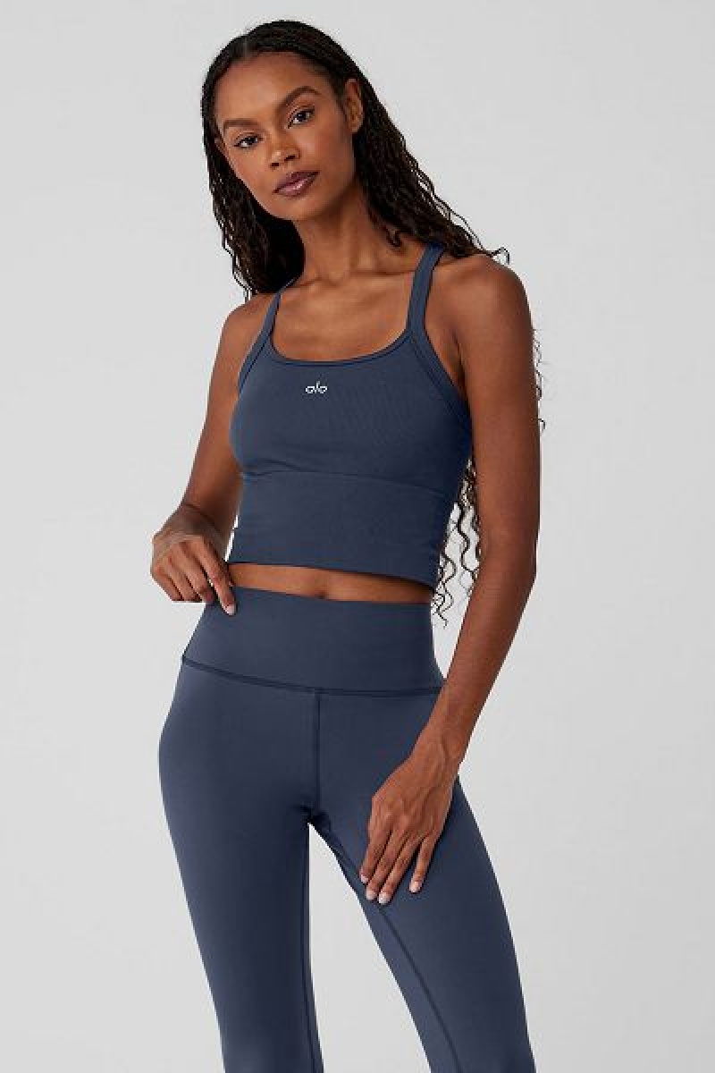 Camisetas Regata Alo Yoga Seamless Com Nervuras Favorite Bra Feminino Azul Marinho | 7952-YSFWC