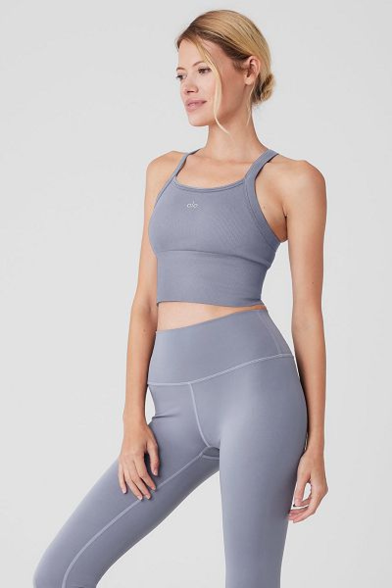 Camisetas Regata Alo Yoga Seamless Com Nervuras Favorite Bra Feminino Azuis | 9521-LGRUD