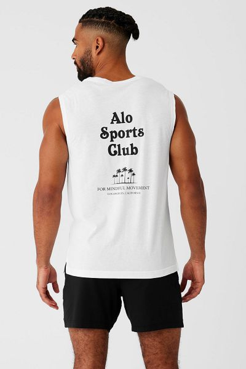 Camisetas Regata Alo Yoga Sports Club Palms Muscle Masculino Branco Pretas | 7260-COHNS