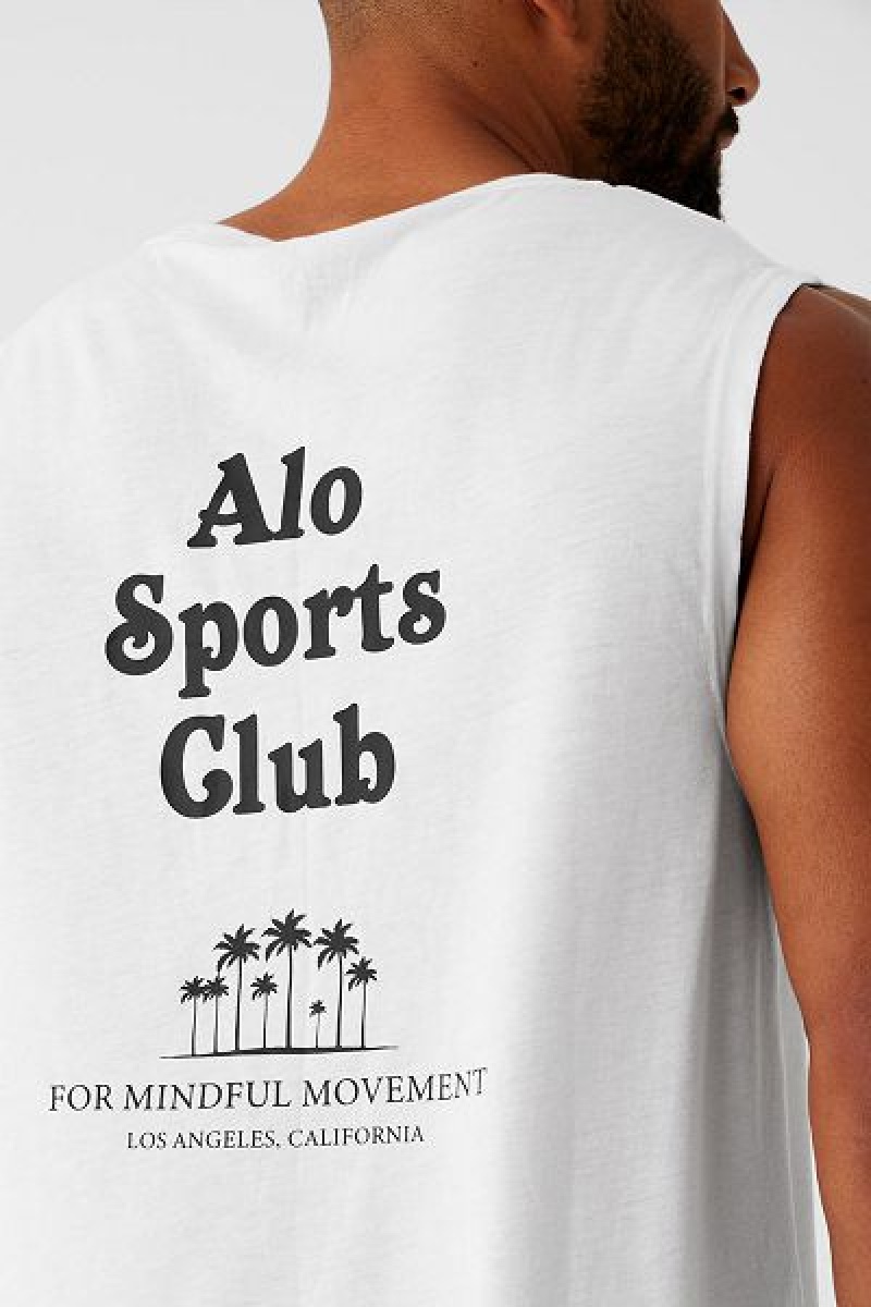 Camisetas Regata Alo Yoga Sports Club Palms Muscle Masculino Branco Pretas | 7260-COHNS